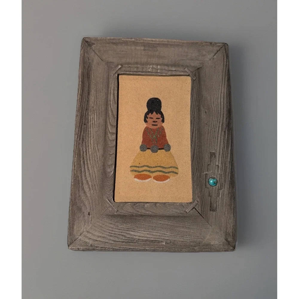 Vtg Handmade Signed Navajo Girl Sand Art Wood Framed‎ Wall Hanging Native Decor